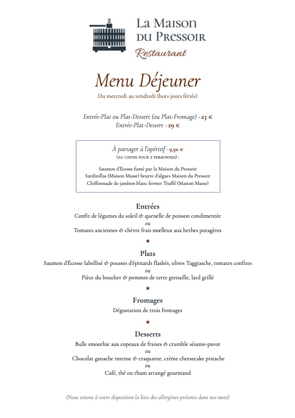 Menu Déjeuner 23 & 29€ Restaurant La Maison du Pressoir